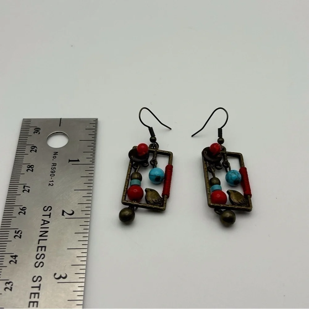 Brown Brass Colored Red & Blue Beaded Abstract Bird Box Drop Dangle Earrings
